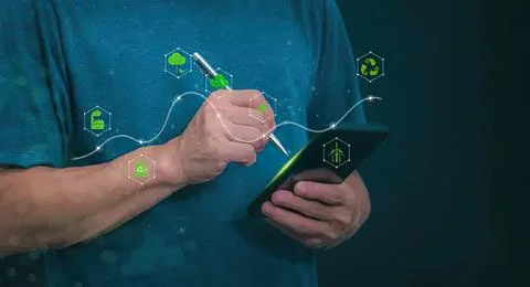 Person using tablet with digital technology icons and graphics Stock Photos