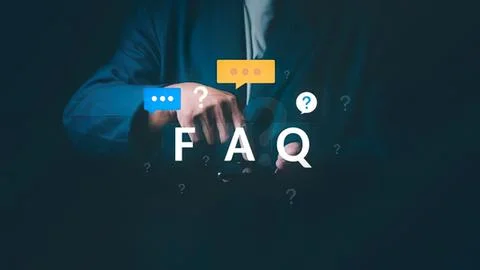 Person using tablet with faq and question icons Stock Photos