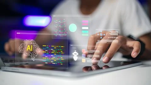 Person using a tablet with glowing AI brain and data interface. Modern tech.. Foto stock