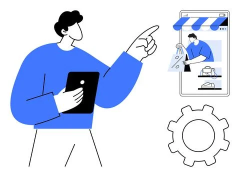 Person Using Tablet for Online Shopping with E-commerce Interface and Setti.. Stock Illustration