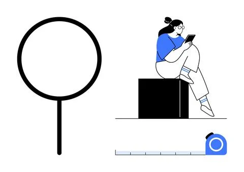 Person using a tablet seated on a block, surrounded by a magnifying glass and Stock Illustration