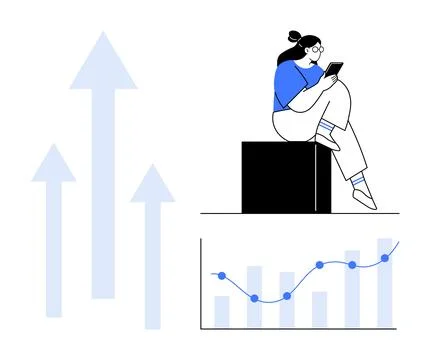 Person using a tablet, sitting on a black box, analyzing growth data represen Stock Illustration