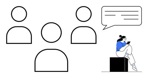 Person Using Tablet while Communicating with Diverse Audience via Speech Bubb Illustrazione stock