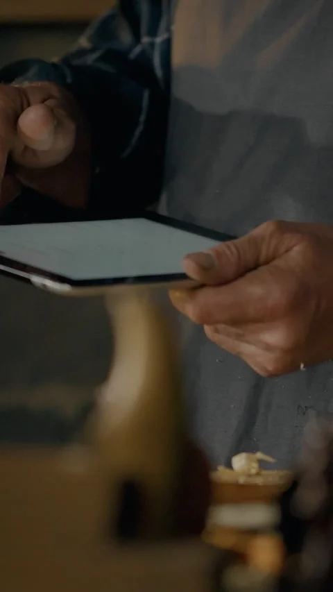 Person using a tablet while working on a woodworking project in a workshop Stock Footage 331675698