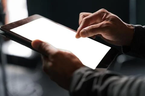 Person using tablet with white screen and hand gestures 스톡 일러스트