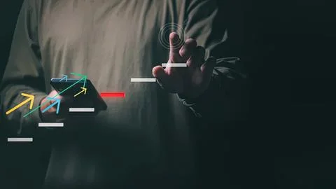Person using touch screen with colorful graphs and data Stock Photos