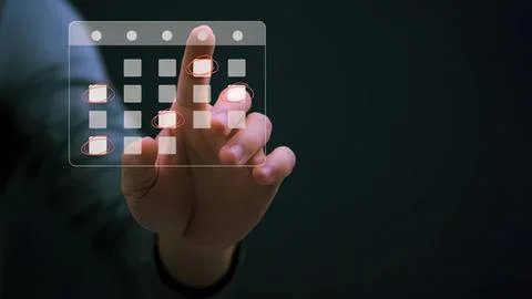 Person using touch screen interface with digital icons Stock Photos