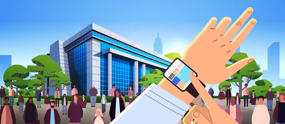 Person using touchscreen app on wrist smart watch near modern office building Ilustración de archivo