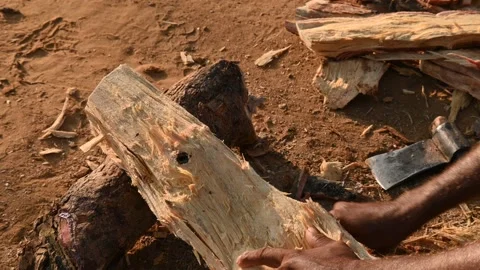 A person using a traditional hand axe to hew a rough wooden log resting. Vidéo 342398576