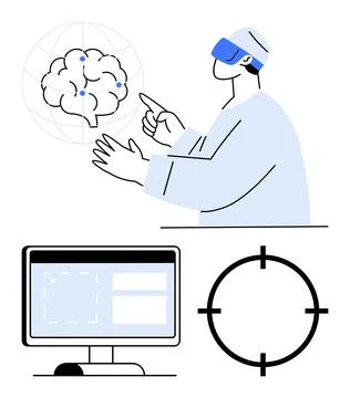 Person Using Virtual Reality for Brain Analysis with Computer and Target In.. Stockillustratie