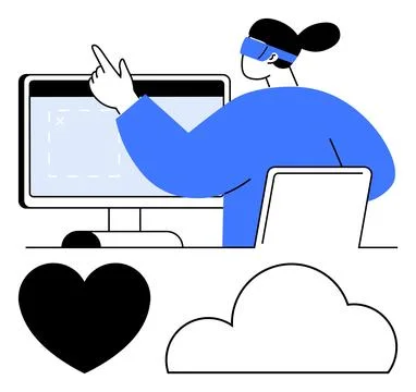 Person Using Virtual Reality in a Digital Workspace with Cloud and Heart Icon Stock Illustration