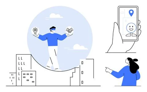 Person using virtual reality headset, apps on mobile device, pointing to city Stock Illustration
