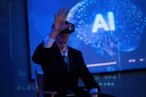 Person using virtual reality headset in a tech demonstration focused on art.. Stock Photos
