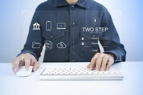 Person using virtual screen for two step authentication for safety use of soc Stock Photos