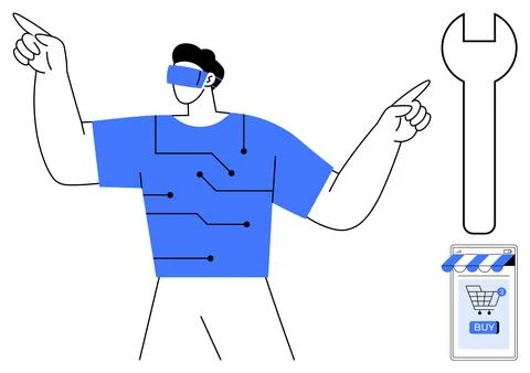 Person using a VR headset and pointing. Circuit-patterned shirt. Large wrench 스톡 일러스트