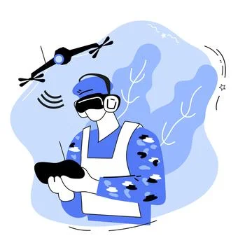 A person using a VR headset to control a drone, flat cartoon vector isolated. Stock Illustration