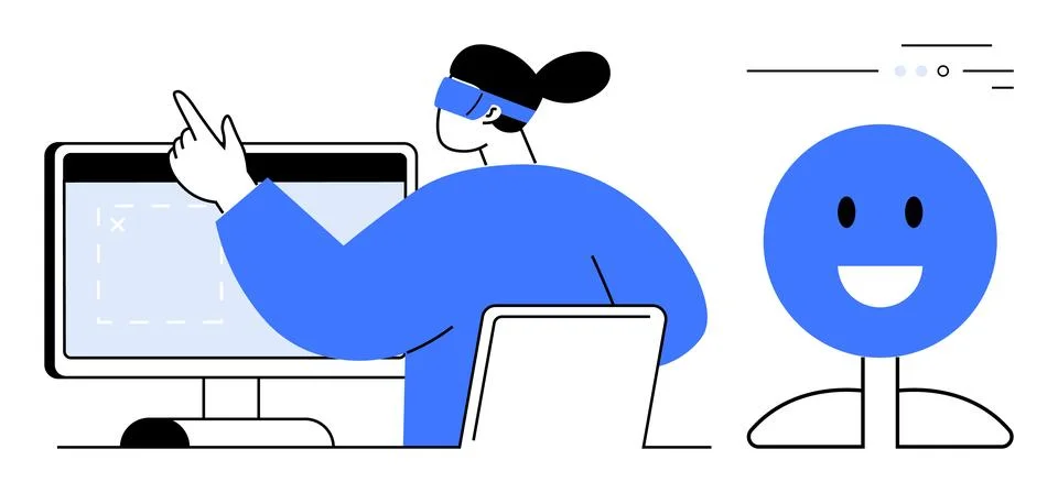 Person Using VR Headset Interacting with Computer and Smiling emotion Icon Stock Illustration