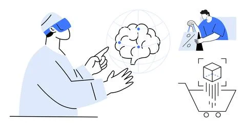 Person using VR headset interacting with digital brain. Smaller image of pers Stock Illustration