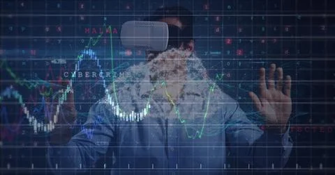 Person using VR headset interacting with digital financial graphs and data Stock Illustration