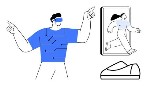 Person using VR headset interacts with a digital avatar and tech-enhanced sho Illustrazione stock