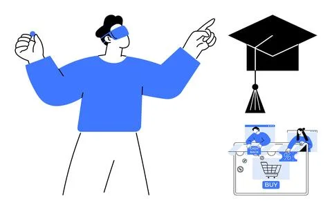 Person using VR headset interacts with virtual elements, including a graduati Stock Illustration