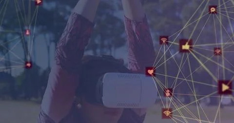 Person using VR headset outdoors, interacting with digital network interface Stock Illustration