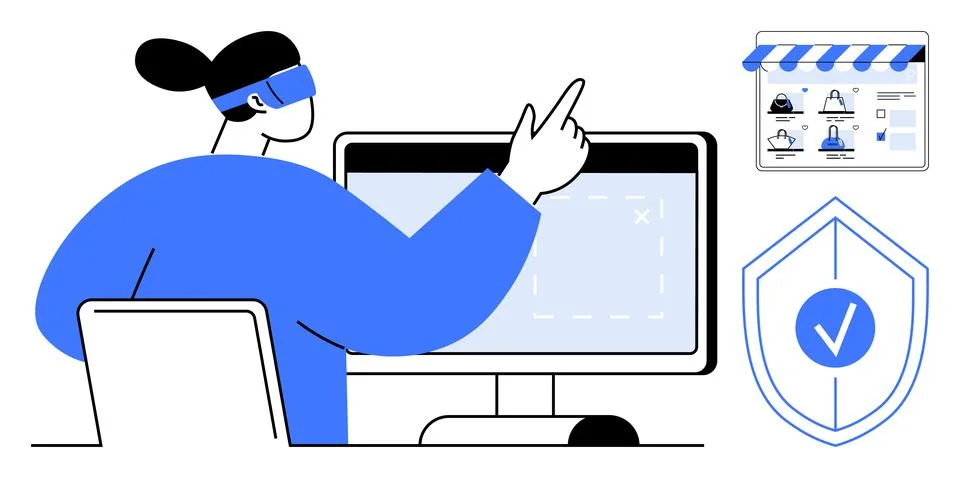 Person using VR headset pointing at a monitor, online class interface above,  Stock Illustration