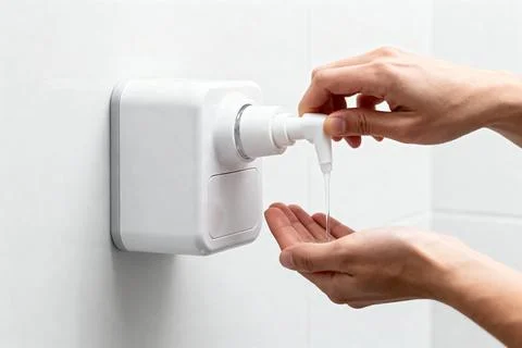 Person using a wall-mounted hand sanitizer dispenser in a clean bathroom Stock Photos