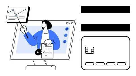 Person in a virtual presentation with graph analysis on computer screen, hold 스톡 일러스트