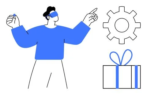 Person with Virtual Reality Headset Exploring Technology and Receiving Gift Stock Illustration