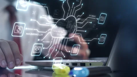 Person visualizing cloud computing data network on laptop Stock Footage 327840472