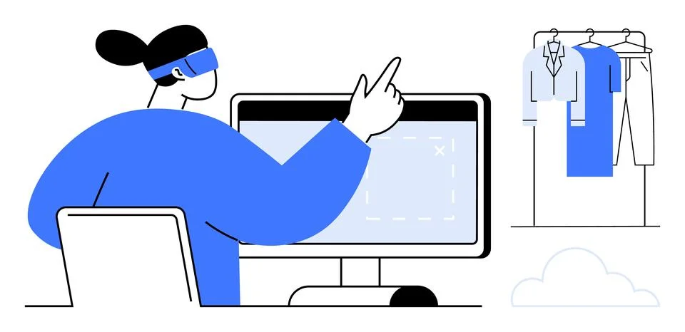 Person in VR headset interacting with computer next to wardrobe with clothes Stock Illustration