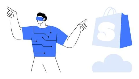 Person with VR headset interacting with digital elements surrounded by shoppi Stock Illustration