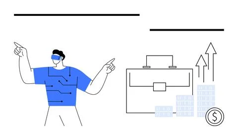 Person in VR headset interacting with virtual elements, business briefcase wi Stockillustratie