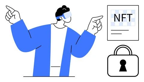 Person with VR headset pointing at NFT certificate and lock. Ideal for blockc Stock Illustration