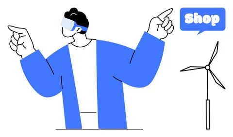 A Person with VR Headset Pointing towards Shopping Sign and Wind Turbine Stock Illustration
