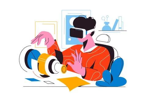 Person with VR headset, technology and objects Illustrazione stock