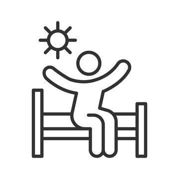 Person waking up in bed icon in line design. Morning, sun, stretch, sleep Stock Illustration