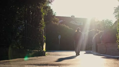 A person walking away from the camera in backlight sunset light. Stock Footage 239421819
