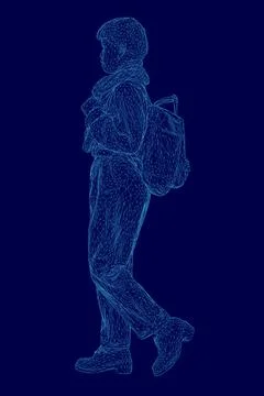 Person is walking with a backpack on a blue background. The image is a digital Stock Illustration