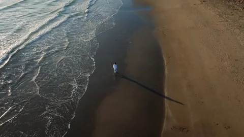 A person is walking on a beach with the ocean in the background Video stock 297951034