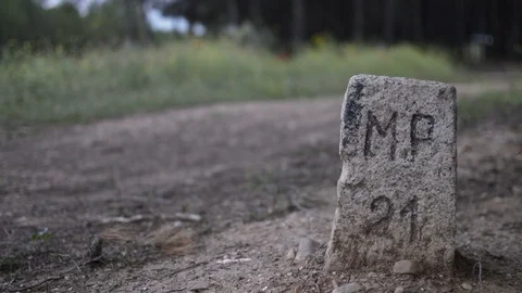 Person walking on a dirt path in a forest with a mile stone. You can only see Stock Footage 92067099