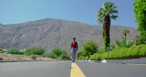 Person Walking Down Desert Road with Mountain View Stock Footage 323348320