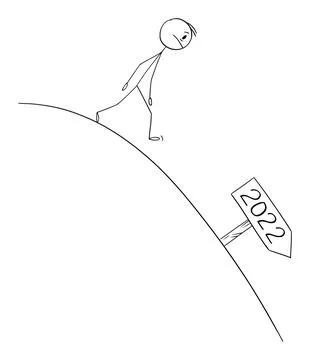 Person Walking Down Hill, Bad Expectations From Year 2022, Vector Cartoon Stick Stock Illustration