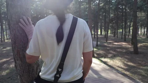 Person walking in forest park path, back view Stock Footage 333546754