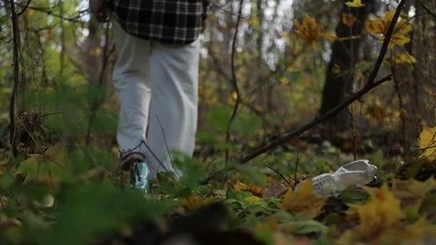 Person walking past discarded plastic bottle and litter in autumn forest Vidéo 342438656