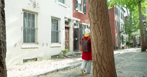 Person Walking on Quaint Tree-Lined Street Vídeos de archivo 323337335