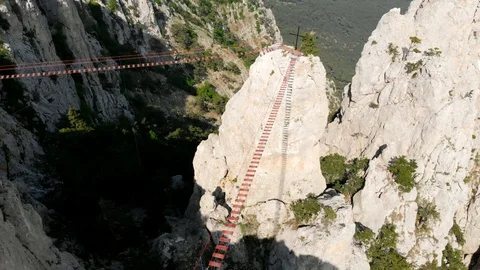 Person walking rope bridge, aerial view.... | Stock Video | Pond5