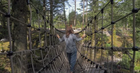Person Walking On Rope Bridge Stock Footage 132432979