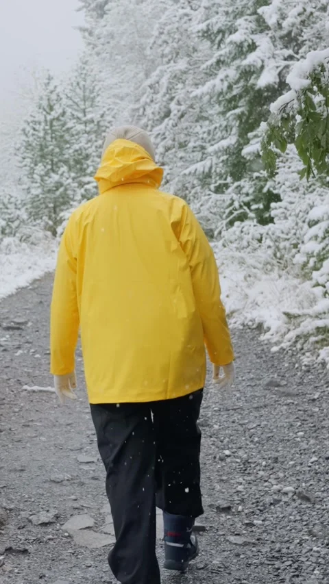 A person walking in a snowy forest while wearing a bright yellow jacket Stock Footage 308370159